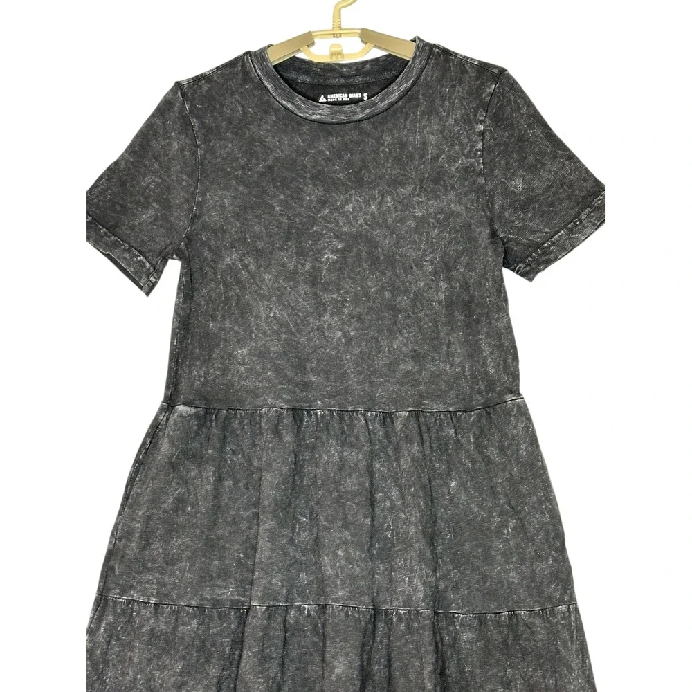 American Giant Womens Premium Slub Tiered Midi Dress Small Black Mineral Wash